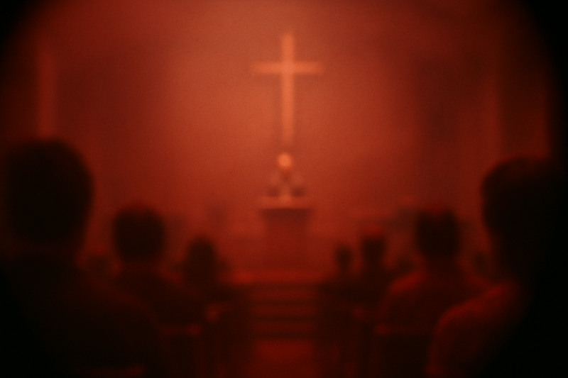 A blurry picture from the pews of a church stage and its as if the room were thick with blood instead of air.