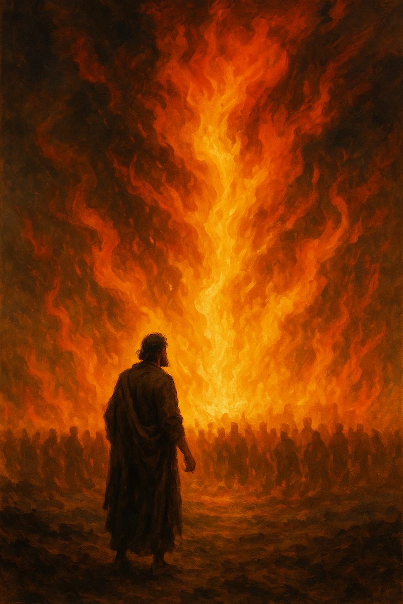 A dramatic oil painting of a lone robed figure standing barefoot on scorched earth, facing a massive wall of roaring orange and yellow flames. Behind the fire, the silhouettes of a crowd are faintly visible, their forms dark against the inferno. The scene is engulfed in heat and smoke, creating an atmosphere of judgment and awe.