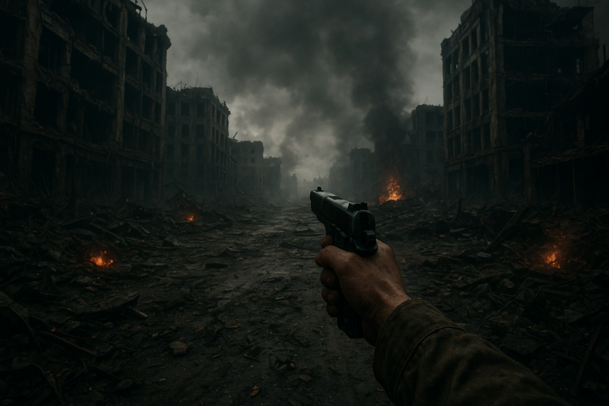 A first-person view of a devastated, apocalyptic city street, with a hand holding a pistol aimed forward. Charred, crumbling buildings line both sides, their facades blackened and skeletal. Fires burn in small pockets along the rubble-strewn road, while thick black smoke billows into a dark, overcast sky, creating an atmosphere of destruction and despair.