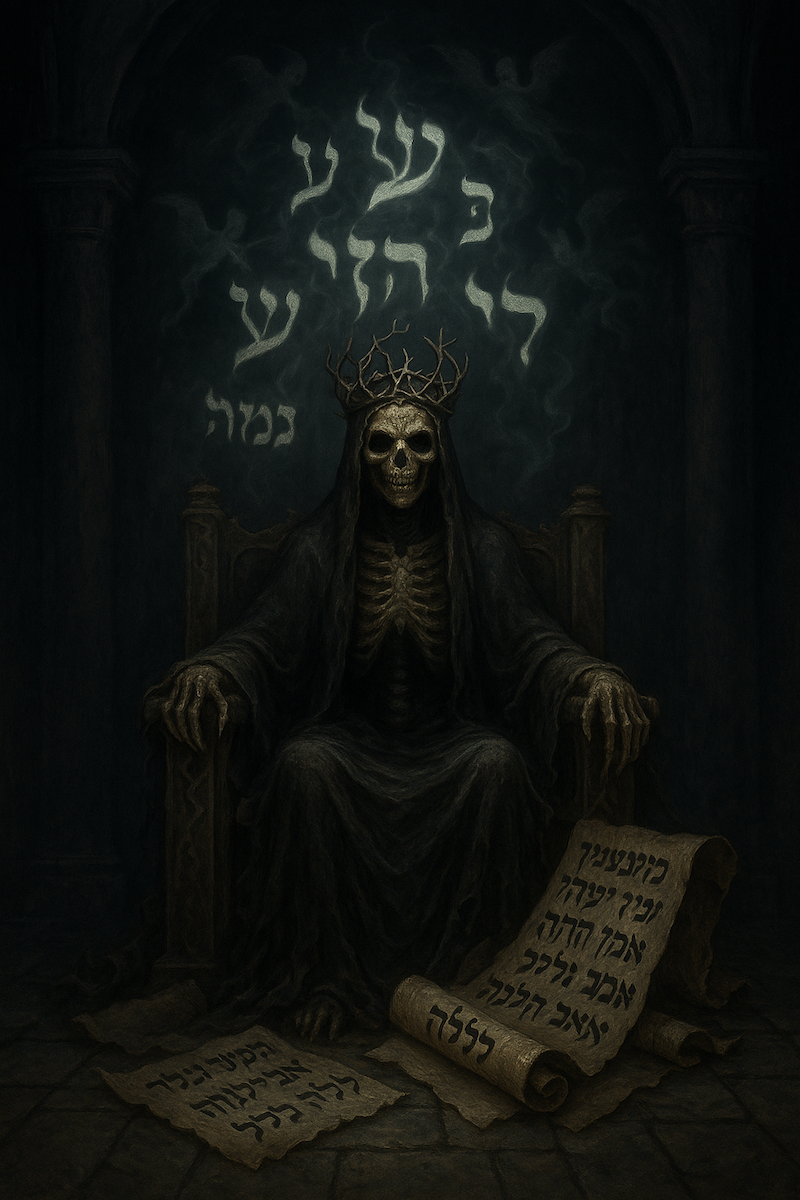 A dark, ominous illustration of a a demon queen and her throne with spirit things around her, her name is Lamia, and she eats children.