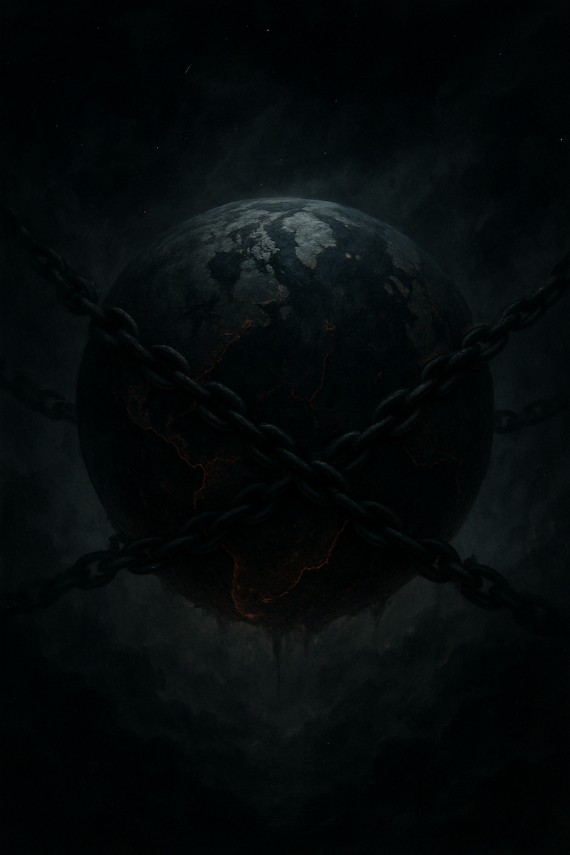 A dark, ominous illustration of a green, scaly snake coiled around a trident-like staff, its head extended with tongue flicking, set against a shadowy brown background.