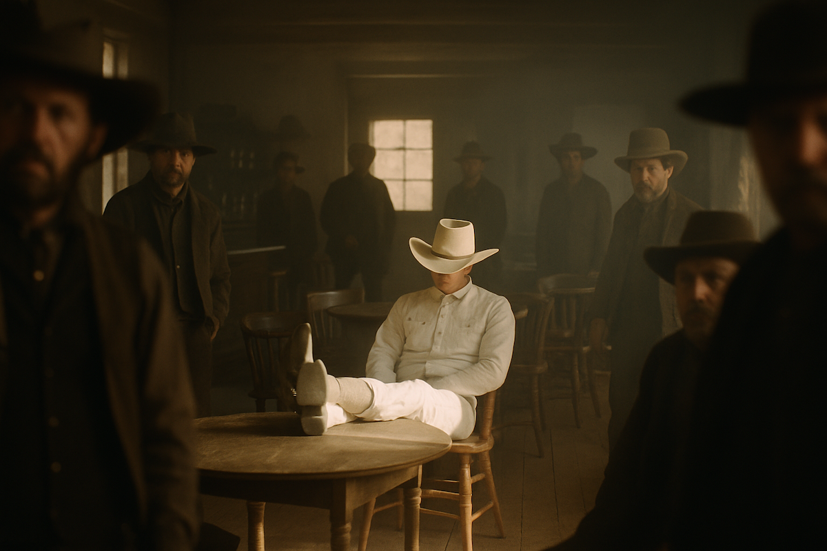 A dark tavern, bodies walking.
