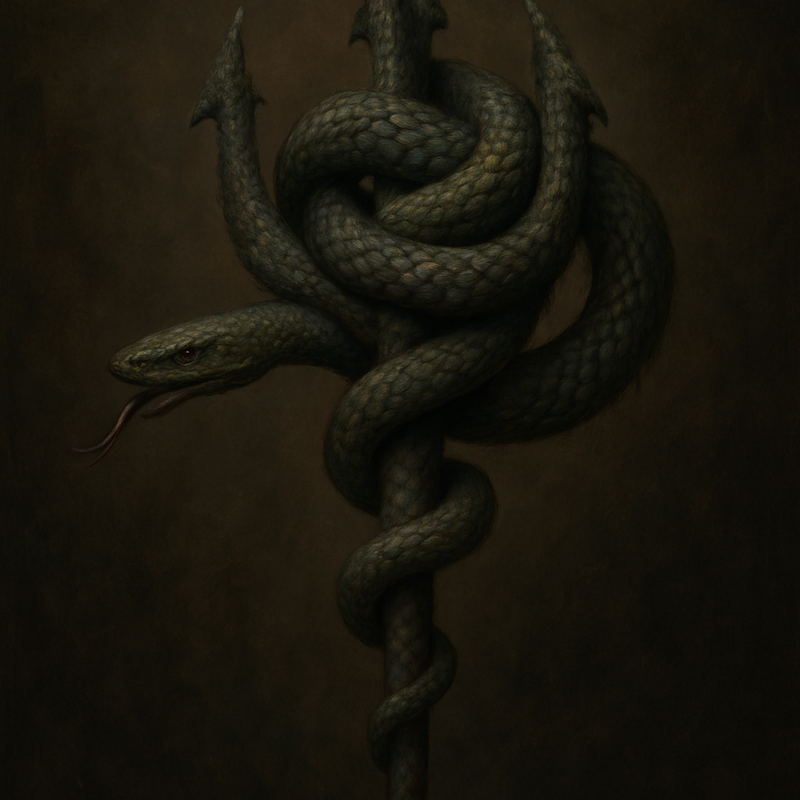A dark, moody oil painting of a green serpent coiled tightly around a vertical trident-like staff. The snake’s scales glisten subtly in dim light, its head turned outward with mouth slightly open and tongue flicking. The background is shadowy brown, emphasizing the sinister and foreboding presence of the serpent.