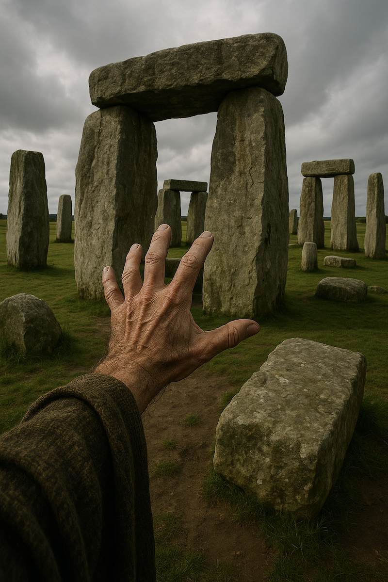 A first hand perspective photo of hyper realistic left hand and arm out in a cloak, as Merlin moves Stonehenge into place.